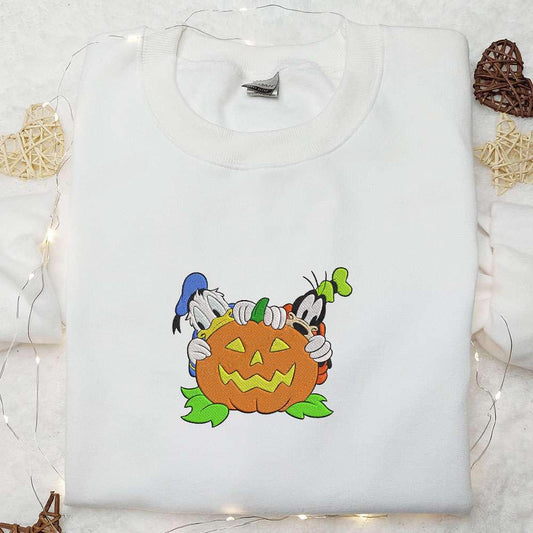 Donald Duck and Goofy with Pumpkin Embroidered Sweatshirt Disney Halloween Embroidered Hoodie Funny Emrboidered Shirt