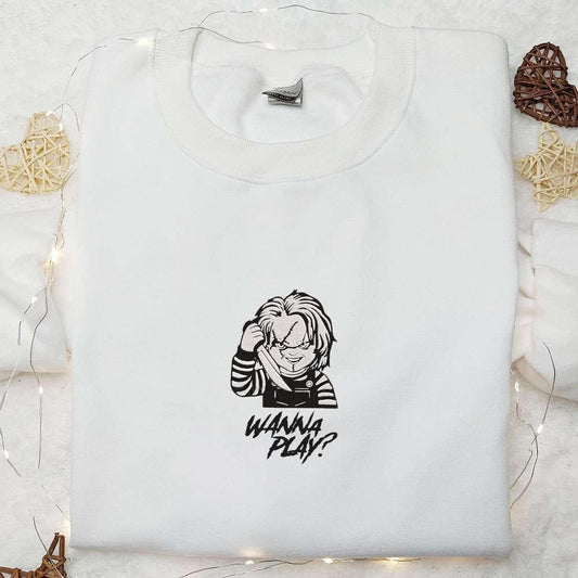 Wanna Play Chucky Embroidered Shirt Scary Halloween Embroidered Shirt Best Halloween Gifts for Family