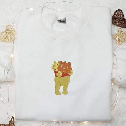 Winnie The Pooh With Jack O Lantern Embroidered Sweatshirt Disney Cartoon Embroidered Hoodie Halloween Embroidered Shirt