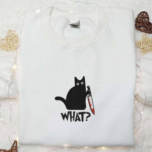 What Funny Black Cat with Knife Embroidered Shirt Halloween Embroidered Shirt Best Halloween Gifts