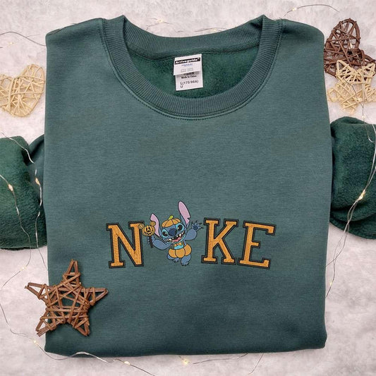 Happy Stitch Halloween Pumpkin x Nike Embroidered Shirt Funny Disney Characters Embroidered T shirt Nike Inspired Embroidered Sweatshirt