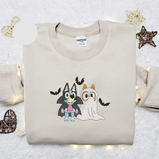 Bluey And Bingo Bat And Ghost Cosplay Halloween Embroidered Shirt