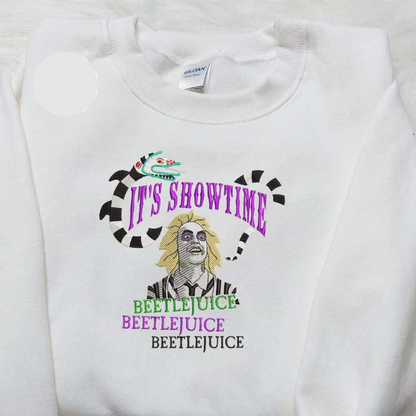 Beetlejuice And Sandworm Its Showtime Halloween Embroidered Shirt