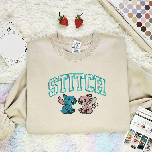 Stitch And Angel Disney Characters Embroidered Shirt