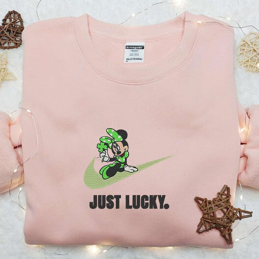 Minnie Just Lucky x Nike Swoosh Embroidered Shirt Disney Characters Embroidered Hoodie Best Saint Patricks Day Gift Idea
