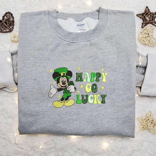 Mickey Happy Go Lucky Embroidered Shirt Disney Characters Embroidered Hoodie Saint Patricks Day Gift Ideas