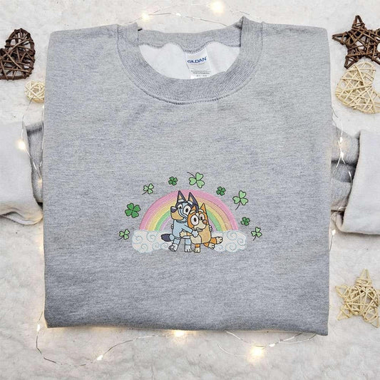 Bluey And Bingo Rainbow Shamrock Embroidered Shirt Saint Patricks Day Embroidered Hoodie Best Holiday Gift Ideas