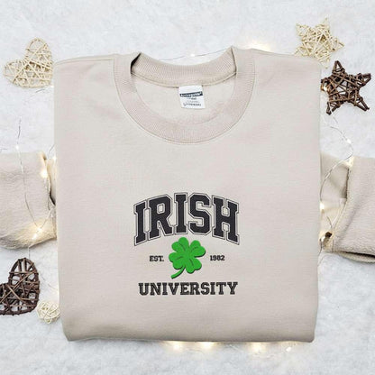 Irish Est 982 University Embroidered Shirt Saint Patricks Day Embroidered Hoodie Best Holiday Gift Ideas