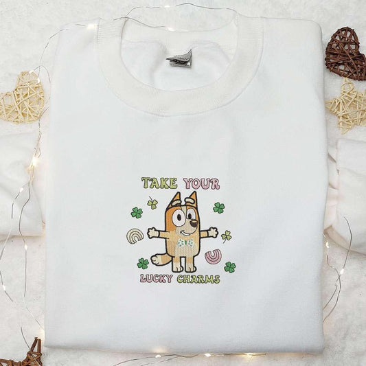 Bingo Take Your Lucky Charm Embroidered Shirt Bluey Cartoon Embroidered Hoodie Saint Patricks Day Gift Ideas