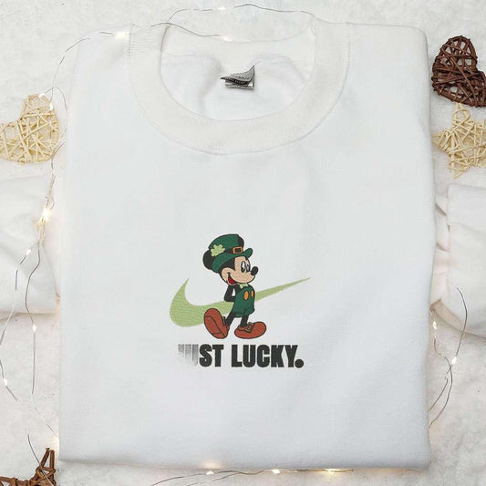 Mickey Just Lucky x Nike Swoosh Embroidered Shirt Disney Characters Embroidered Hoodie Best Saint Patricks Day Gift Idea