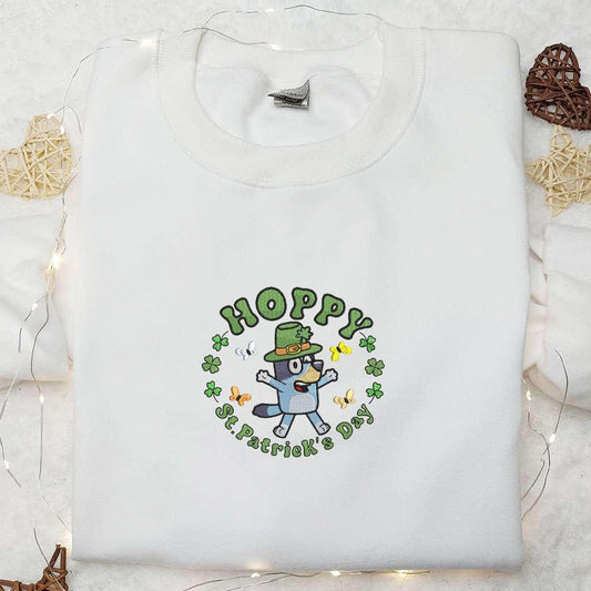 Bluey Hoppy Saint Patricks Day Embroidered Shirt Cartoon Embroidered Hoodie Best Holiday Gift Ideas