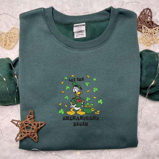 Donald Duck Let The Shenanigans Begin Embroidered Shirt Disney Characters Embroidered Shirt Saint Patricks Day Embroidered Hoodie