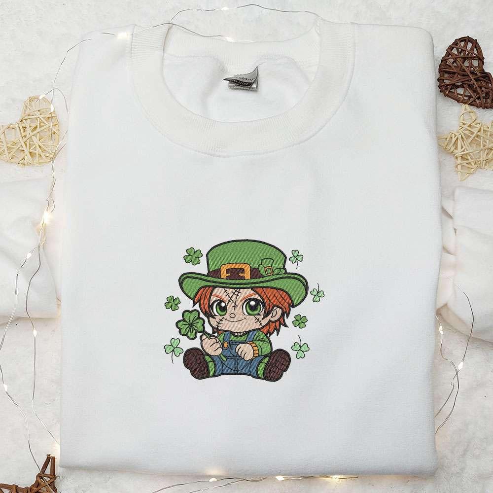 Chibi Chucky Shamrock Embroidered Shirt Saint Patricks Day Embroidered Hoodie Best Holiday Gift Ideas