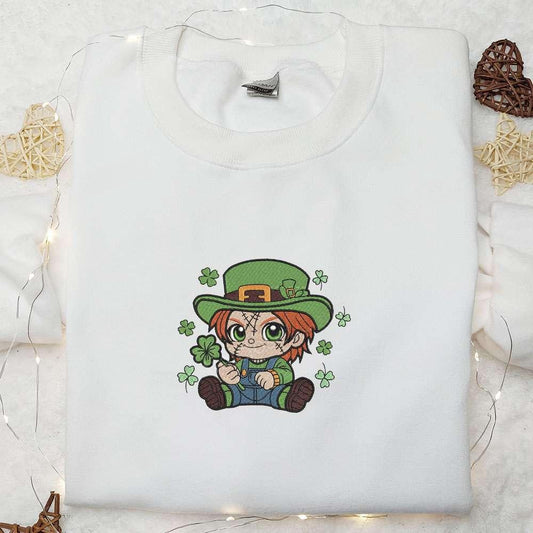 Chibi Chucky Shamrock Embroidered Shirt Saint Patricks Day Embroidered Hoodie Best Holiday Gift Ideas