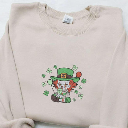 Chibi Pennywise Shamrock Embroidered Shirt Saint Patricks Day Embroidered Hoodie Best Holiday Gift Ideas
