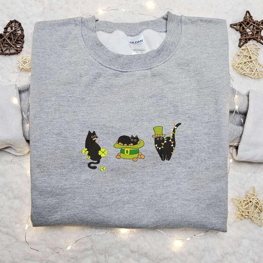 Lucky Black Cats Embroidered Shirt Saint Patricks Day Embroidered Hoodie Best Holiday Gift Ideas