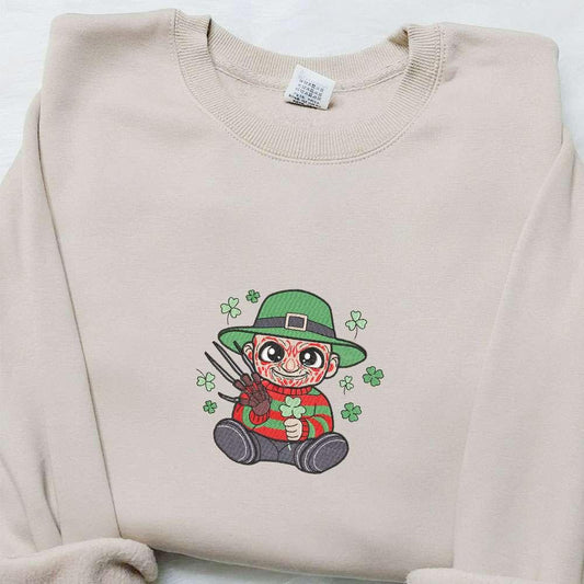 Chibi Freddie Krueger Shamrock Embroidered Shirt Saint Patricks Day Embroidered Hoodie Best Holiday Gift Ideas