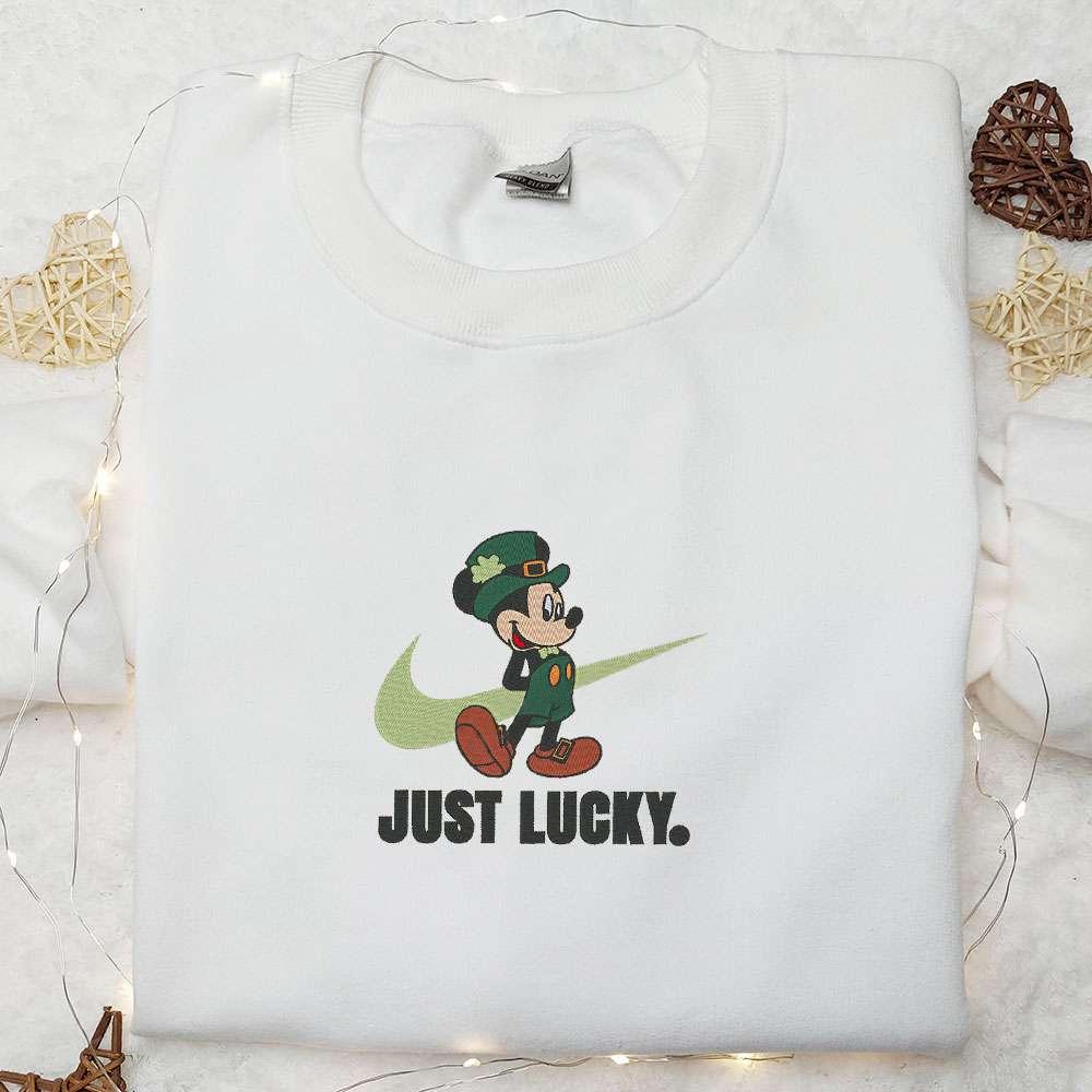 Mickey Just Lucky x Nike Swoosh Embroidered Shirt Disney Characters Embroidered Hoodie Saint Patricks Day Gift Ideas
