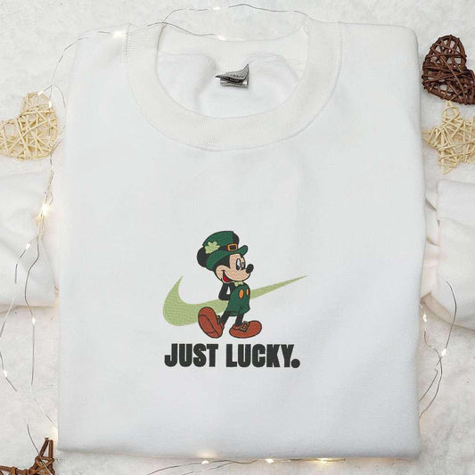 Mickey Just Lucky x Nike Swoosh Embroidered Shirt Disney Characters Embroidered Hoodie Saint Patricks Day Gift Ideas