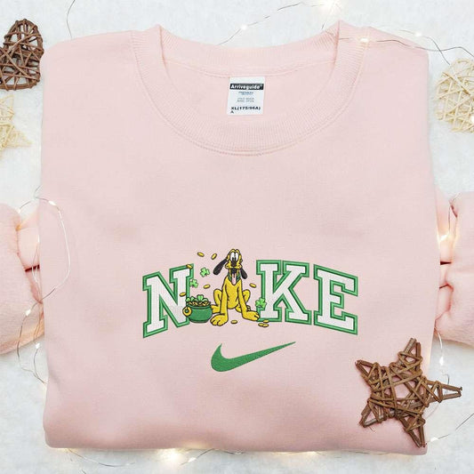 Pluto And Shamrock Gold Pot x Nike Embroidered Shirt Disney Characters Embroidered Shirt Saint Patricks Day Embroidered Hoodie