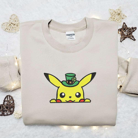 Pikachu With Leprechaun Hat x Nike Embroidered Shirt Pokemon Anime Embroidered Hoodie Saint Patricks Day Gift Idea