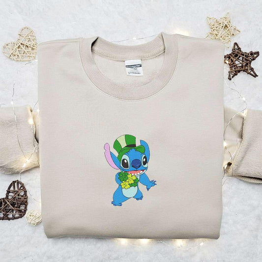Stitch With Lucky Clovers Embroidered Shirt Saint Patricks Day Embroidered Hoodie Best Holiday Gift Ideas