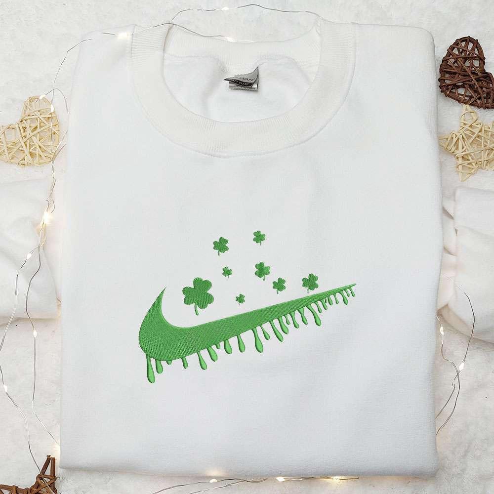 Shamrocks x Nike Swoosh Drip Embroidered Shirt Saint Patricks Day Embroidered Hoodie Best Holiday Gift Idea