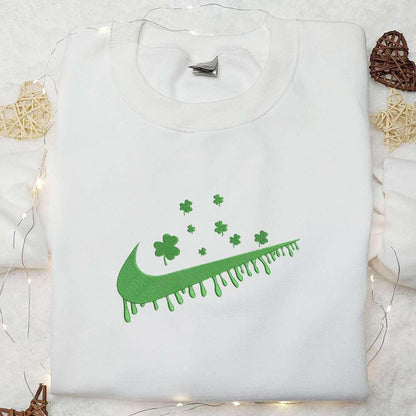 Shamrocks x Nike Swoosh Drip Embroidered Shirt Saint Patricks Day Embroidered Hoodie Best Holiday Gift Idea