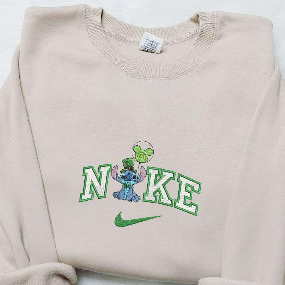 Stitch Wears Shamrock Hat x Nike Embroidered Shirt Disney Characters Embroidered Shirt Saint Patricks Day Embroidered Hoodie