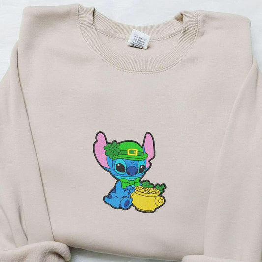 Stitch And Pot Of Gold Embroidered Shirt Disney Characters Embroidered Hoodie Saint Patricks Day Gift Ideas