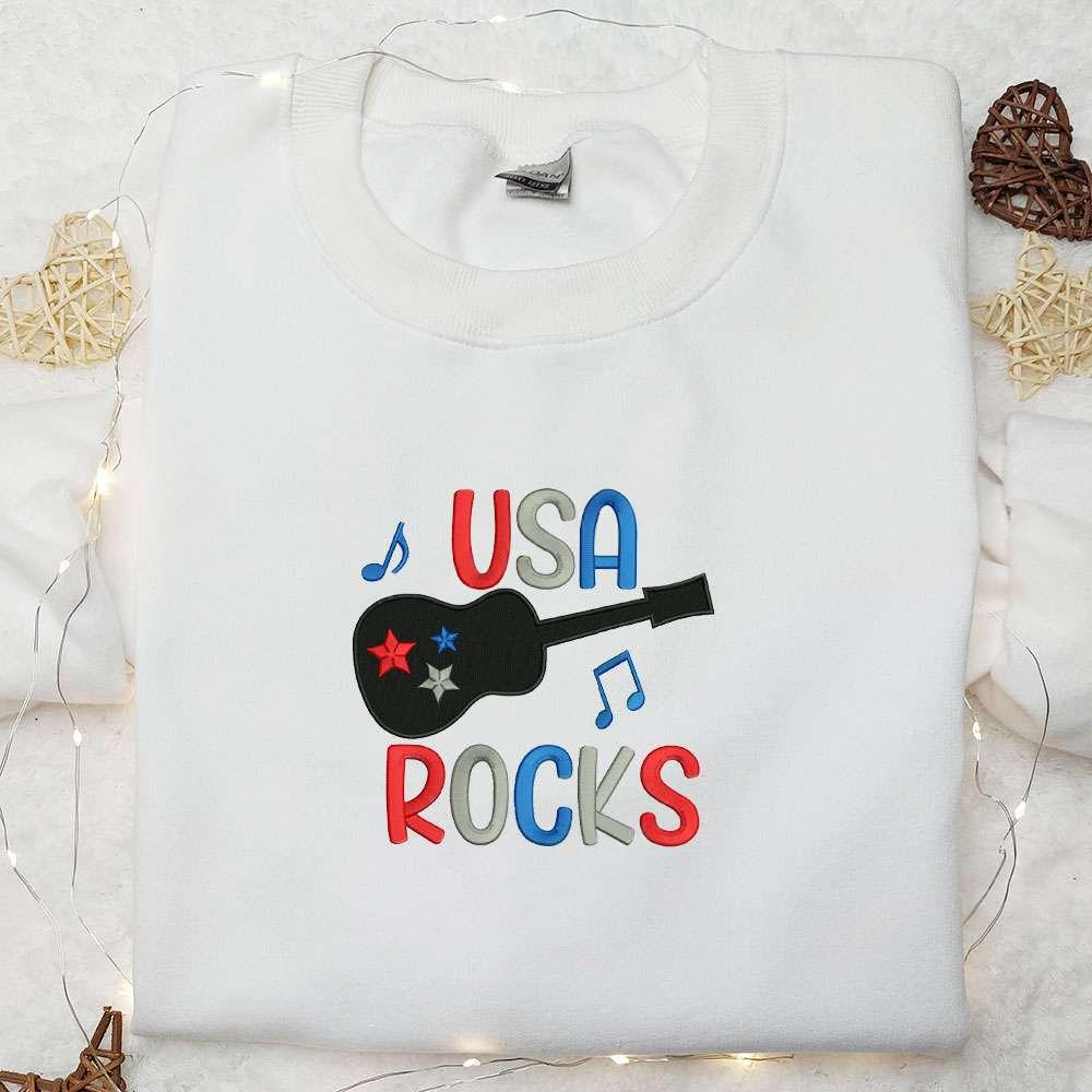4th of July USA Guitar Rocks Embroidered Shirt Best Patriotic Shirts National Day Gifts
