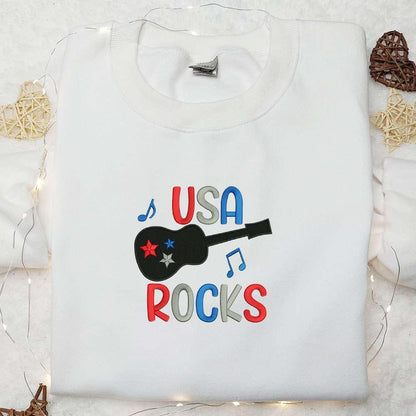 4th of July USA Guitar Rocks Embroidered Shirt Best Patriotic Shirts National Day Gifts