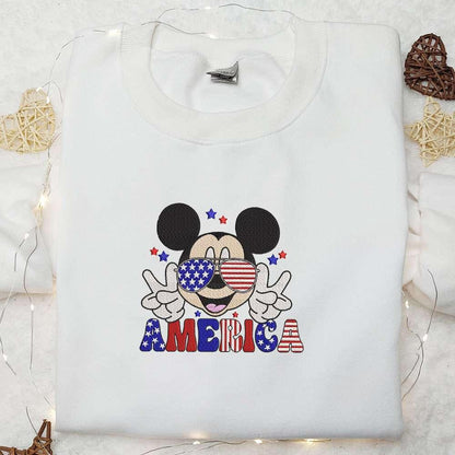 America Mickey Wears Glasses Embroidered Shirt Disney Embroidered Shirt Best Patriotic Shirts