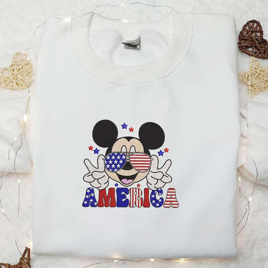 America Mickey Wears Glasses Embroidered Shirt Disney Embroidered Shirt Best Patriotic Shirts