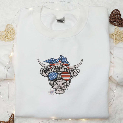 4th of July Patriotic Cow with USA Flag Sunglasses Embroidered Shirt Best Patriotic Shirts National Day Gifts