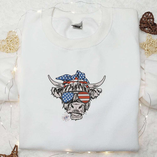 4th of July Patriotic Cow with USA Flag Sunglasses Embroidered Shirt Best Patriotic Shirts National Day Gifts