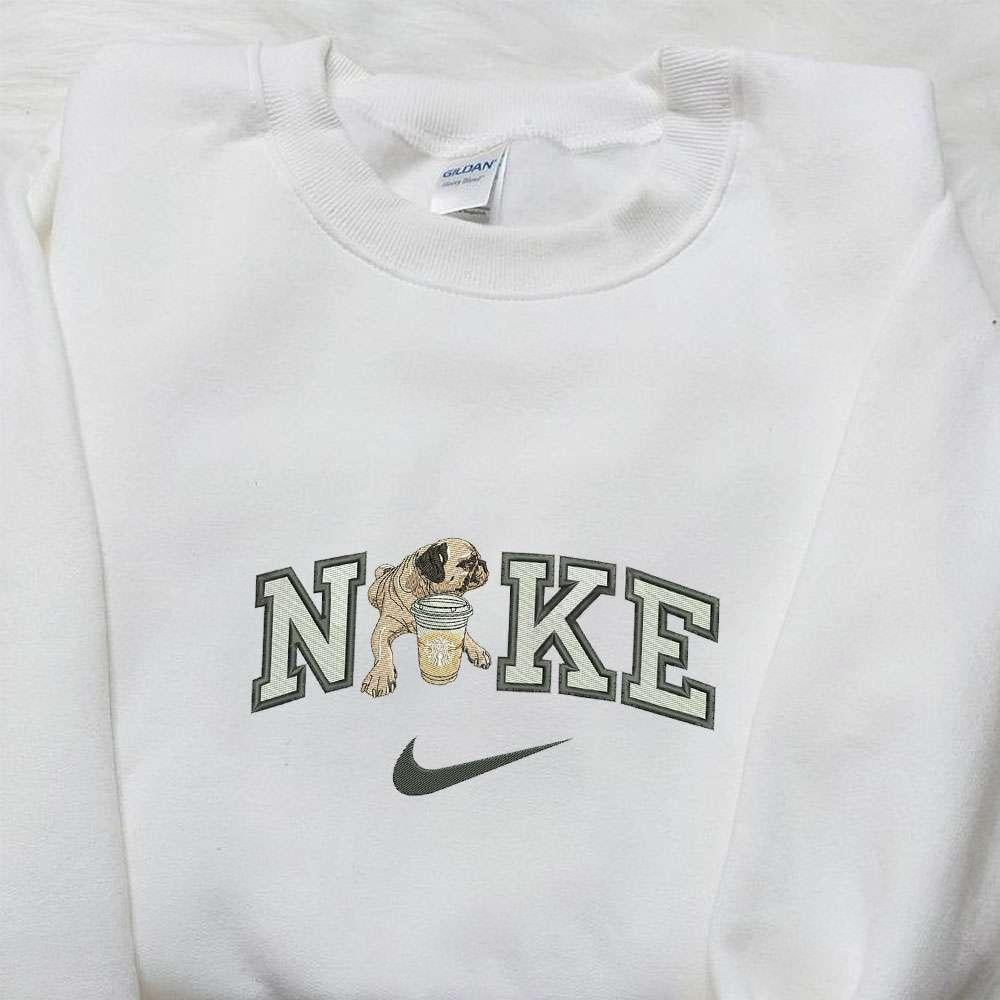 Bull Dog With Starbucks x Nike Swoosh Embroidered Shirt Favorite Food And Drink Embroidered Hoodie Animal Embroidered Sweatshirt