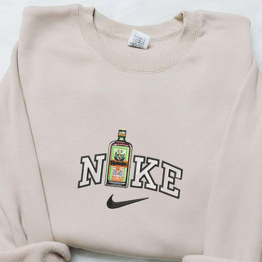Jagermeister Wine Bottle x Nike Swoosh Embroidered Shirt Favorite Food And Drink Embroidered Hoodie Nike Inspired Embroidered Sweatshirt