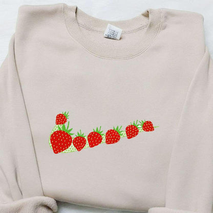 Swoosh x Strawberry Embroidered Sweatshirt Favorite Food and Drink Embroidered Hoodie Best Birthday Gift Ideas