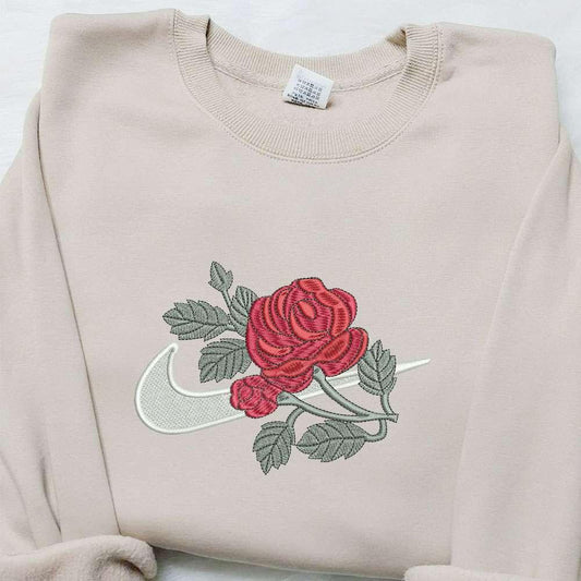 Swoosh x Rose Flower Embroidered Hoodie Nike Inspired Embroidered Shirt Best Gift Ideas for Family