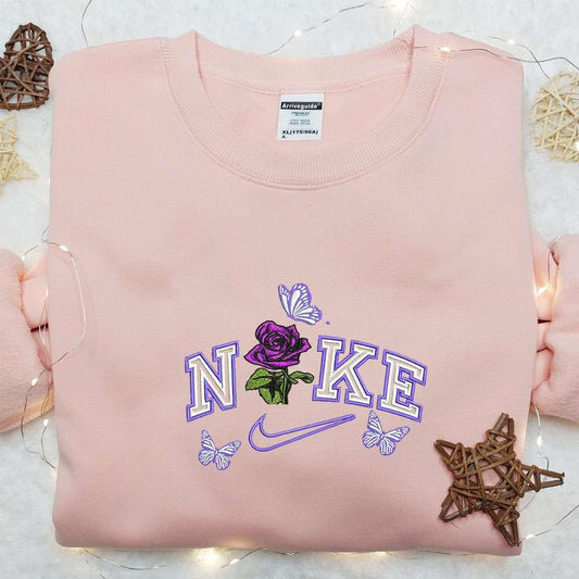Rose And Butterly x Nike Embroidered Shirt Nike Inspired Embroidered Hoodie Best Gift Ideas