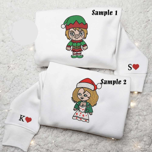 Chibi Chucky And Tiffany Horror Christmas Halloween Embroidered Couples Shirts