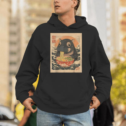 Moo Deng Hippo Eat Ramen Japanese Kawaii Anime Unisex Hoodie