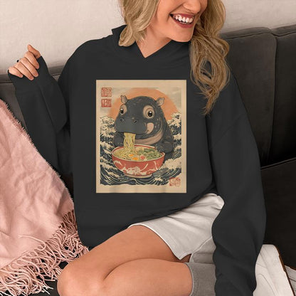 Moo Deng Hippo Eat Ramen Japanese Kawaii Anime Unisex Hoodie