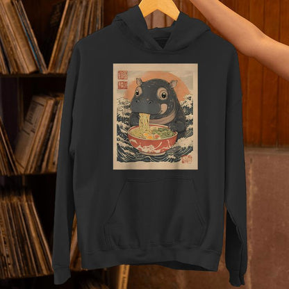 Moo Deng Hippo Eat Ramen Japanese Kawaii Anime Unisex Hoodie