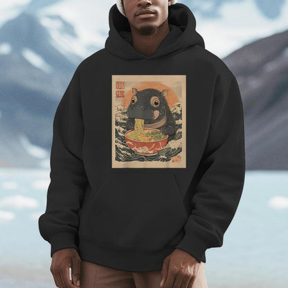 Moo Deng Hippo Eat Ramen Japanese Kawaii Anime Unisex Hoodie