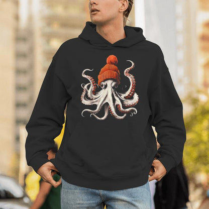 Octopus Wearing Beanie Retro Graphic Marine Biology Ocean Unisex Hoodie