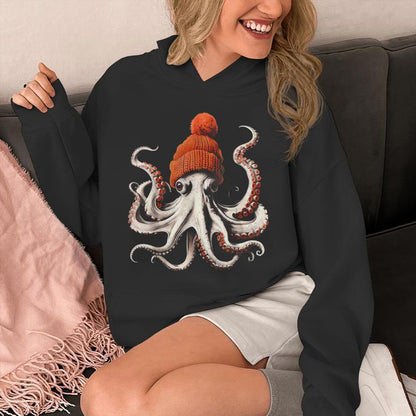 Octopus Wearing Beanie Retro Graphic Marine Biology Ocean Unisex Hoodie