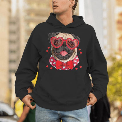 Pug Face Heart Glasses Valentines Day Dog Lover Owner Unisex Hoodie