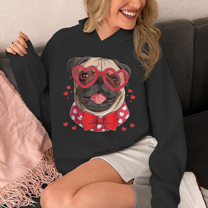 Pug Face Heart Glasses Valentines Day Dog Lover Owner Unisex Hoodie